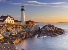 The Portland Head Lighthouse in Maine, USA at sunrise.